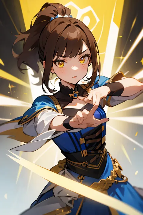 girl, masterpiece, Brown hair, modest chest, Idol, ponytail, yellow eyes, Drooping eyes, It&#39;s blue, Glittering, sword musketeer,Idol衣装を, wearing, dancing．