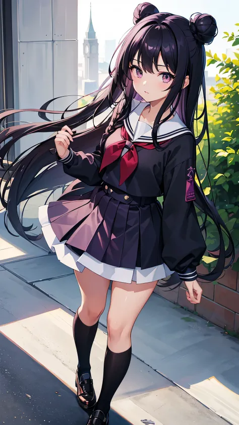 young girl, long dark purple or black hair, purple eyes, black school uniform,sailor suit、thighs，knee high socks，short sleeve， masterpiece, high quality, High resolution, HD, 4k、thighsから上のカット、beautiful eyes、bun hair、