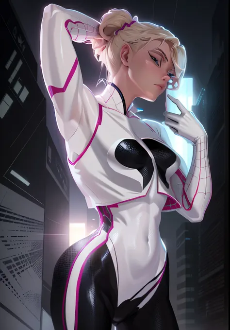 18yo spidergwen，white spider-man suit，short and wavy hair，blondehair，beautifulface，hoodie, action pose, lluvia，teto，the masterpi...