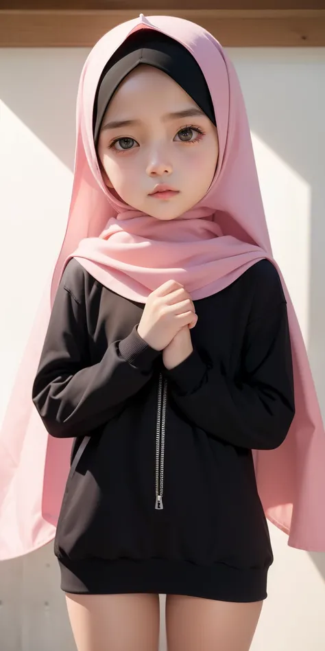 (HIJAB little girl), Skinny pink satin hijab girl naked (SHINY DARK SKIN), SADNESS , teddy bear 