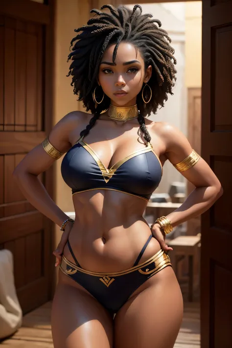 SFW, (master part, best quality), pele escura, Khmer-Afro-American beautiful face, Kimberly_Jackson, confuso, Tampo do Tanque, cabelos livremente ondulados, cabelos ondulados, parte superior do corpo, Barriga mostrando, Hands on hips, na cama, Estabelecime...