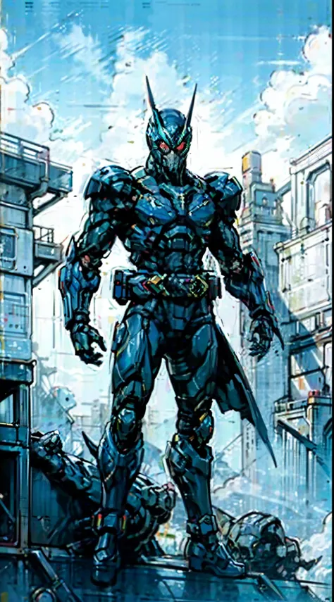 A super a high-tech biotech battle suit, standing on a rooftop, looking over the city, Japanese tokusatsu and American comic style, biometallic texture of the suit, sleek and shiny, dynamic, fast, natural light, cinematic, high quality, high resolution, hi...