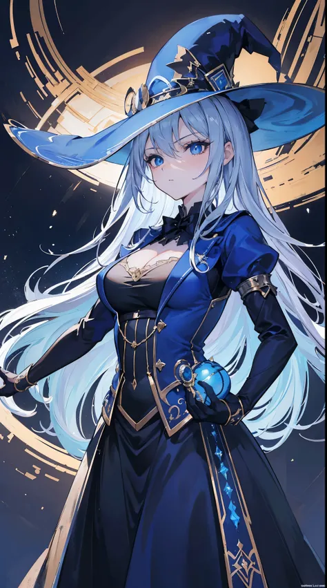 (extremely detailed 8K wallpaper),(ultra-detailed),(best quality),(masterpiece),(vertical painting),(highly detailed),(cinematic lighting),A beautiful girl stands in front of the magic ball,long black hair,blue eyeagician image))),Wide hat,cold eyes,((cold...