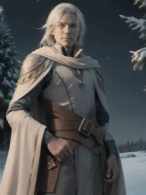 dnd drow character, elf (((man))) drown with ((gray skin)) and red eyes, white hair, winter forest background, night, moonlight,...