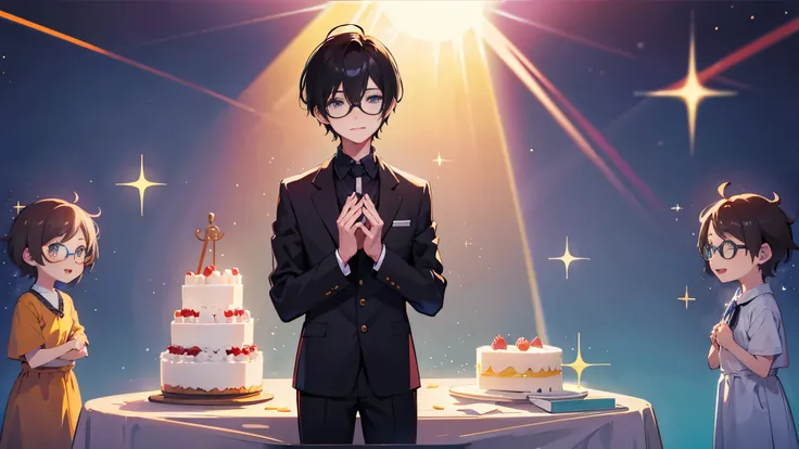 boys, wearing glasses, short black hair, sit in front of cake, happy, anime style, god rays, sparkle, projected inset, wide shot, Sony FE , UHD, high details, high quality