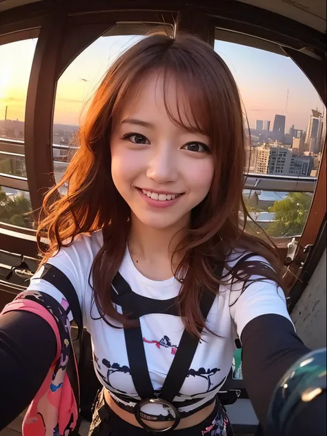 1 punk girl, fish eye, Self-shot, Wind, hair is dirty, sunset, cityscape, (Aesthetics and atmosphere:1.2),smile、surreal