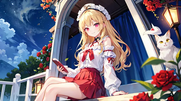 Wavy blonde、1 girl with red eyes、独奏、doress、off shoulders、a miniskirt、Sitting surrounded by roses、A smile