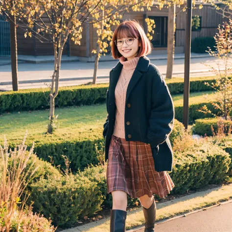 highest quality, masterpiece, 1 girl, alone, black-framed eyewear, pink orange hair, brown eyes, short bob hair, flat chest, Winter clothes, skirt, garden, walking,wood,stream,smile