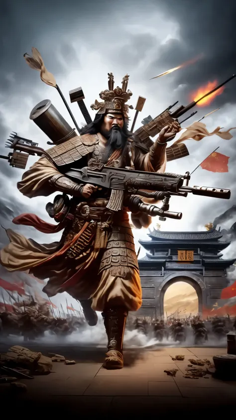 Close-up of a man holding a gun and, Chinese warrior, bian lian, guan yu, epic samurai, This  a warlord, author：Yang Borun, Three Kingdoms of China, from the three kingdoms, God Emperor of Humanity, by Qu Leilei, Imperial team, Inspired by Hu Zaobin, inspi...