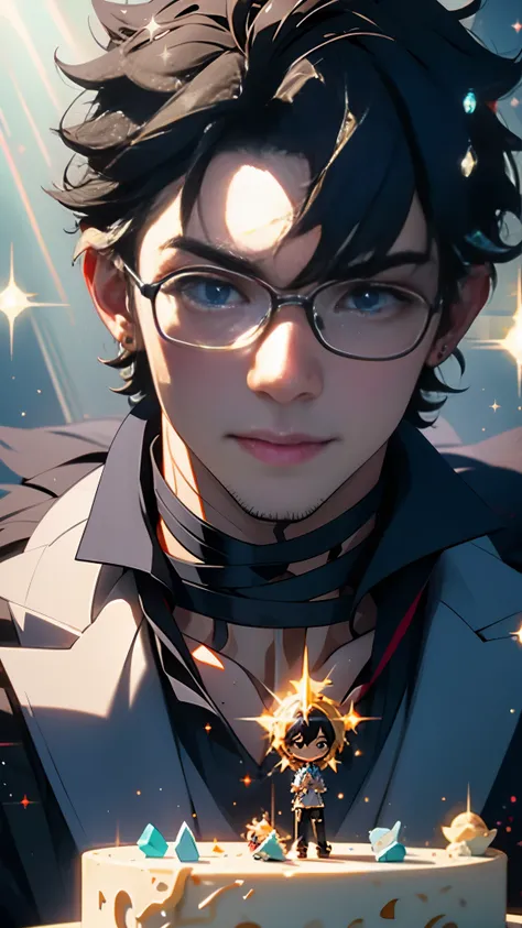 boys, one person, wearing glasses, short black hair, sit in front of cake, close up, happy, anime style, god rays, sparkle, proj...