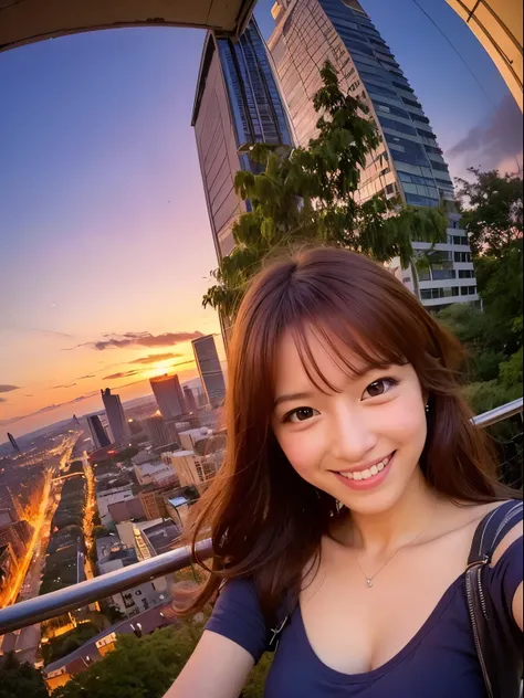 1 punk girl, fish eye, Self-shot, Wind, hair is dirty, sunset, cityscape, (Aesthetics and atmosphere:1.2),smile、surreal