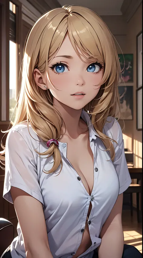 quality、Image Quality、​Masterpiece、girl with((18 years old、 Black unbuttoned Y-shirt、,white underwear、Best bust、Bust 85、a blonde、Messy half length、blue eyes、Open your mind、valley、happiness、A slender one、girl sitting、shy face)）高quality、beautiful art、backgro...