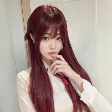 there  a woman 红long hair wearing a tie, urzan, 动漫girl , 动漫girl in real life, 红long hair, red wig, long hair, 棕红色long hair, with...