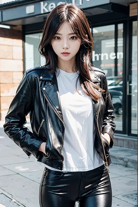 a korean woman wearing leather jacket and leather pants