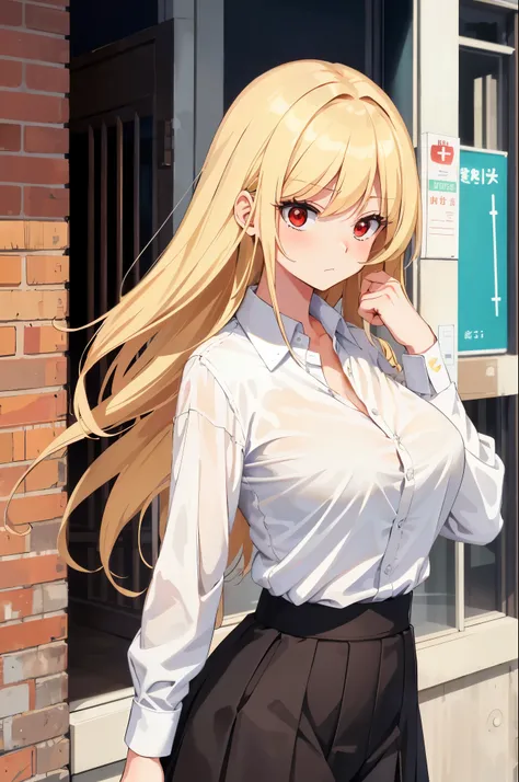 masterpiece, best quality, finely detailed, 1girl, (blonde), giant, embarrassed (bishoujo), cute, (red eyes), (eyelashes), (huge breasts), (neckline), (white shirt: 1.2), (open shirt), standing, on the side of a building, day, delicate interior design,