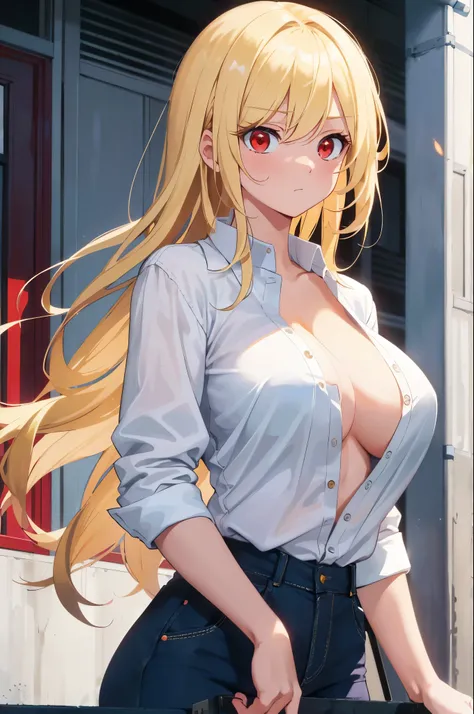 masterpiece, best quality, finely detailed, 1girl, (blonde), giant, embarrassed (bishoujo), cute, (red eyes), (eyelashes), (huge breasts), (neckline), (white shirt: 1.2), (open shirt), standing, on the side of a building, day, delicate interior design,