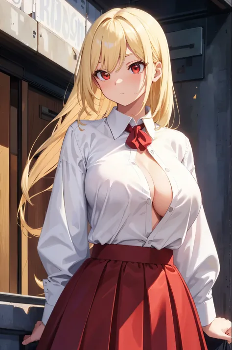 masterpiece, best quality, finely detailed, 1girl, (blonde), giant, embarrassed (bishoujo), cute, (red eyes), (eyelashes), (huge breasts), (neckline), (white shirt: 1.2), (open shirt), standing, on the side of a building, day, delicate interior design,