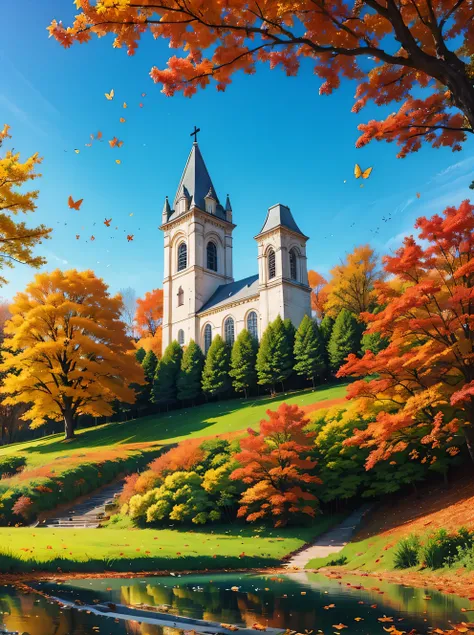 amanda clark style, Stunning natural landscape, church，Kanas in autumn，Under blue sky and white cloudaple leaves and blue butterflies dancing in the wind。. sky shot，And the gentle sunshine，a beautiful picture