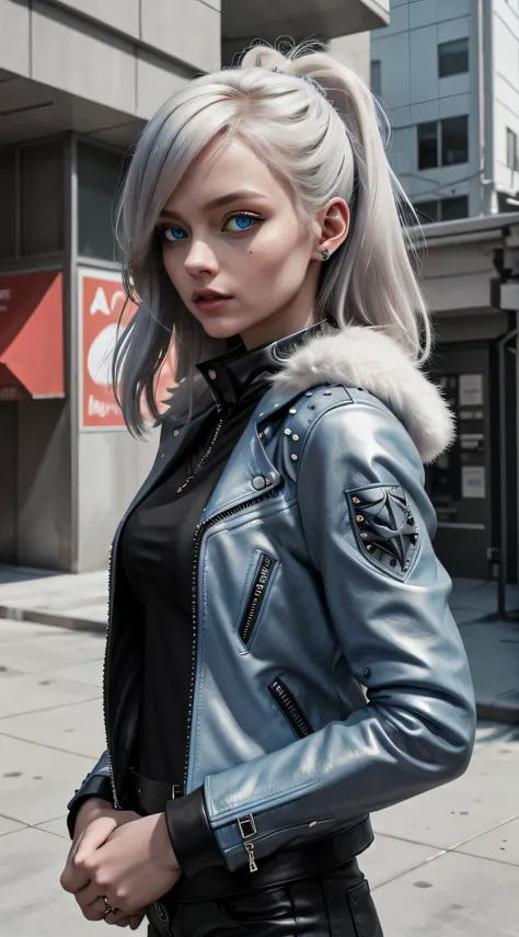 A punk Margot Robbi BLUE EYES pale skeen with spiky BOLND nadhair leather jacket, playing drums, Level8 style, hyper realistic, HD, sharp extremely detailed, Volumetric lighting, detailed 64K, Sony A7S Ill, f/ 8.0, 1/200. sharp-focus, detailed 64K megapixe...