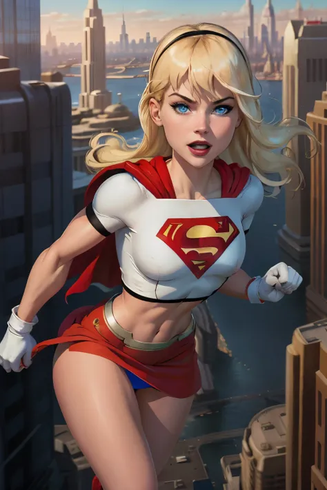 supergirl flying towards camera, comic book cover, blue eyes, blonde hair, skintight white top, red skirt, white gloves, black headband, red cape, city skyline background