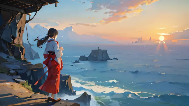 A girl, a beautiful girl, Japanese traditional clothes, she is standing on the cliff. The rock faces, cliffs, and splashes of the waves were so natural that I was almost paralyzed with fear. I fall down again and again. And I will rise.