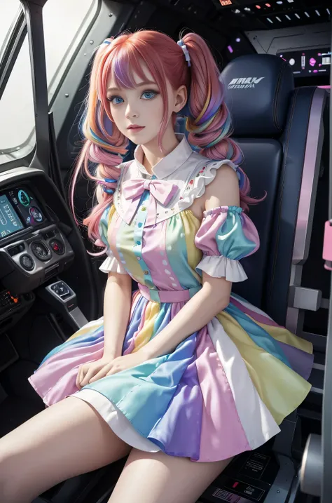 Cute redhead with rainbow colored hair tips, ribbons in her hair, 18-year-old woman, happy, in twin tails, perfect eyes, clear sparkling blue eyes, pale skin, silky smooth skin, flying a fancy metal luxurious space ship, futuristic cockpit, shes a pilot, d...