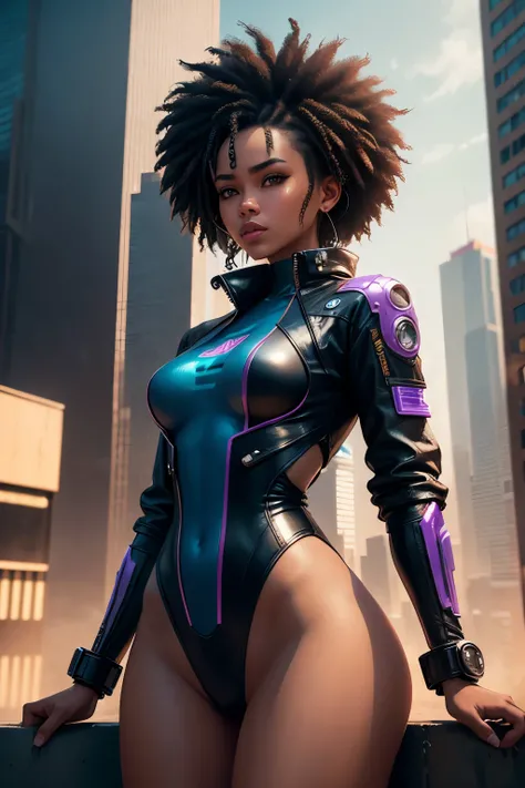 hyper realistic tones Khmer-Afro-American woman wearing cyberpunk leotard and cyberpunk jacket on top of building