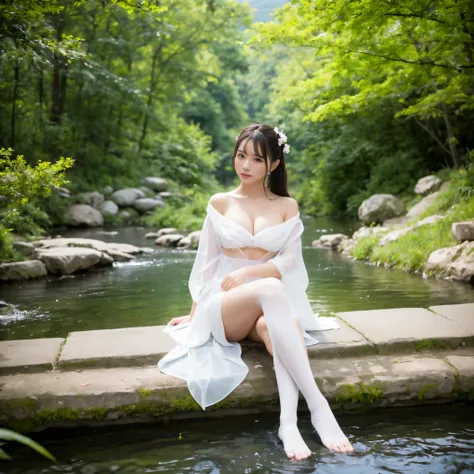 Hanfu, 1 girl, medium breasts, cleavage, Mountain, soaking feet, sitting, chinese park background,white stockings,clear water,(feet:1.3), too many flowers,  