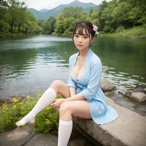 Hanfu, 1 girl, medium breasts, cleavage, Mountain, soaking feet, sitting, chinese park background,white stockings,clear water,(feet:1.3), too many flowers,