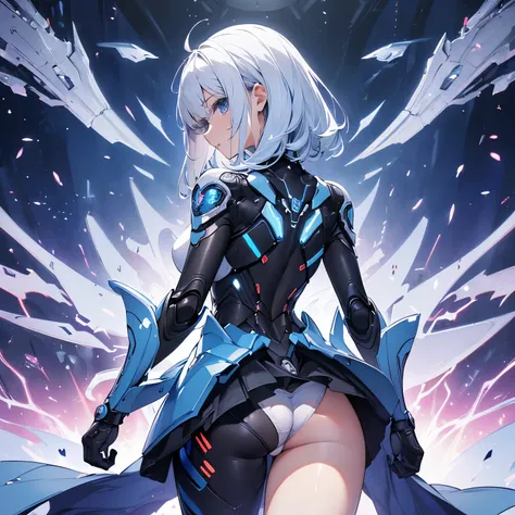 (All fours:1.5, cybernetic background, cybernetic rubber suits, white blue real robot armor, miniskirt, blue lace panties, from behind, back shot, cute, kawaii), (middle breasts, middle hips, slender), (perfect anatomy, symmetry, best proportion, detailed ...