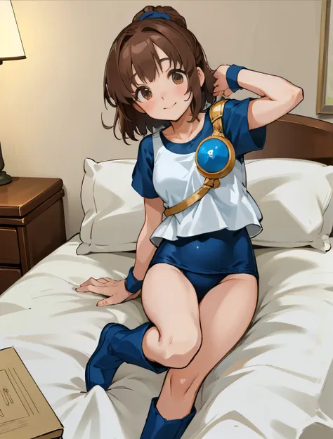 (blue school swimsuit)brown hair,  brown eyes, knee-high boots, short hair, half up hair :c ,c(bedroom,hotel )(夜のリビングルームがhotelのベ...