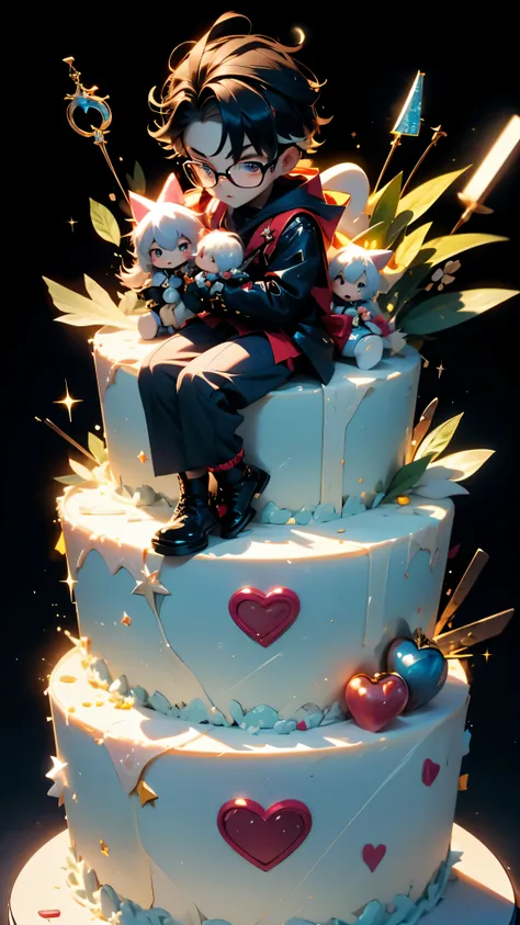 boys,wearing glasseirthday Cake,There are cute dolls on the cake