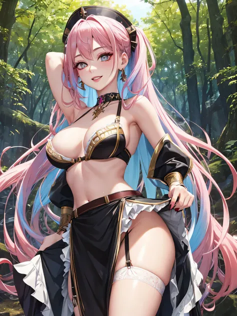 masterpiece,highest quality,super detailed,High resolution,octane rendering,water valkyrie,(Two-tone hair with pink and light blue tips),shining hair,she has long eyelashes、That makes her attractive look even more,(1 girl),white side tie panties,gold accen...