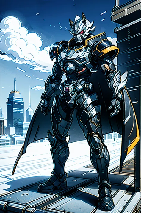 a super a high-tech biotech battle suit, standing on a rooftop, looking over the city, japanese tokusatsu and american comic sty...