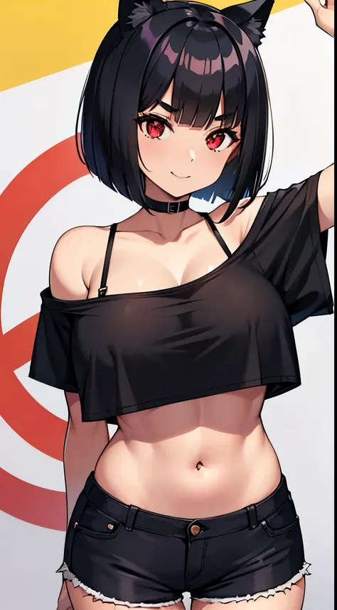 black hair bob cut woman, amazing big tits and cat ears, smile, red eyes and eyebrows, shiny skin, sunny coast, cropped shirt and hot pants, Navel exposed, shorts with visible laces, A big perspective