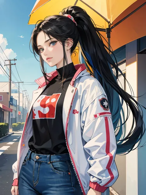 very colorful, pop feel, U.S. West Coast, summer image, Palm tree, seaside, Anime woman with black hair ponytail, Around 25 years old, wearing a jacket, blue jeans, perfect tall model body, cool beauty, That will happen, Anime drawing by Yang J, Trending a...