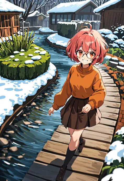 highest quality, masterpiece, 1 girl, alone, black-framed eyewear, pink orange hair, brown eyes, short bob hair, flat chest, 20-year-old, Winter clothes, skirt, garden, walking,wood,stream,smile