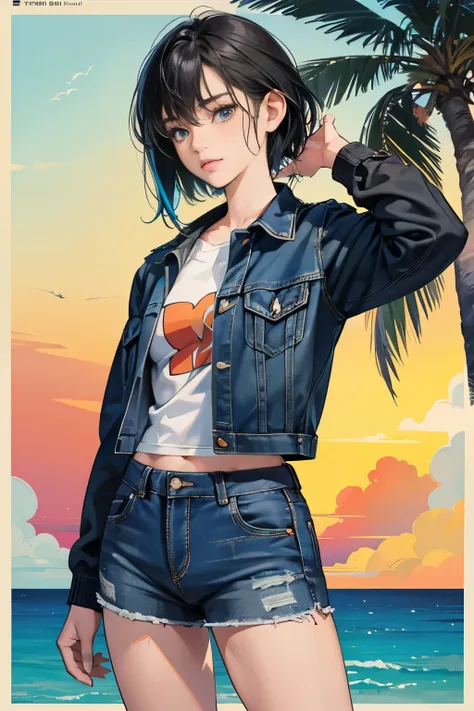 very colorful, pop feel, Orange and indigo keynotes, U.S. West Coast, summer image, Palm tree, seaside, Anime woman with short black hair, Around 25 years old, wearing a jacket, blue jeans, perfect tall model body, cool beauty, That will happen, Anime draw...