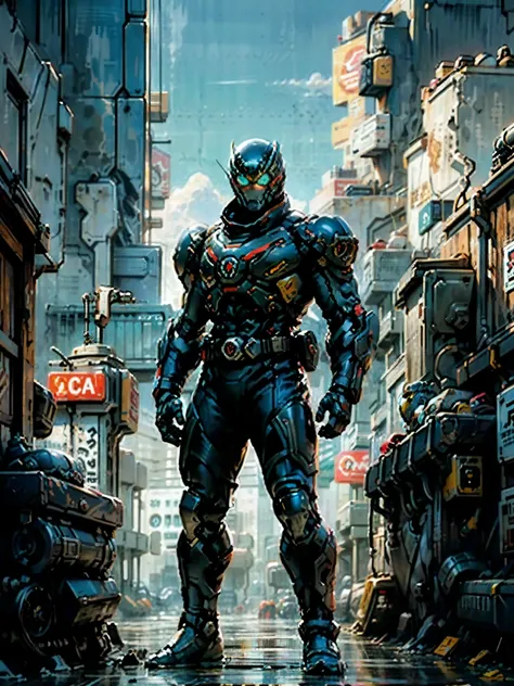 A superhero, a high-tech biotech battle suit, standing on a rooftop, looking over the city, Japanese tokusatsu and American comic style, biometallic texture of the suit, sleek and shiny, dynamic, metallic, sophisticated design, symmetrical face, extremely ...