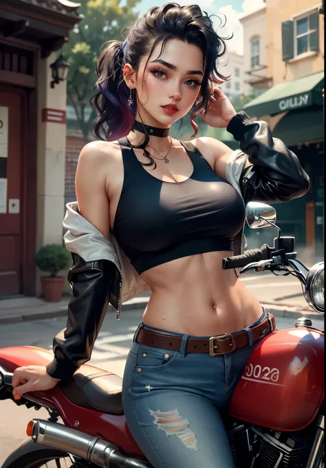 8k, best quality, masterpiece, ultra quality, 1girl, posing while sitting on bike, purple and black hair, pony tail, cap, white tanktop with stains, blue jeans, leather boots, sunglasses, thick bright red lips, red lipstick, glossy lips,  sweaty, sparkling...