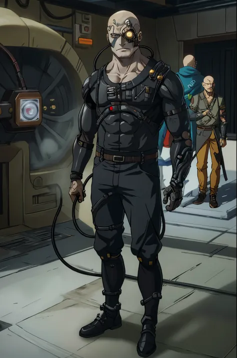 fullbody fullframe wanostyle best quality,male borg
cyborg
bald
gray skin
veins
metal armor
cable
eyepatch 