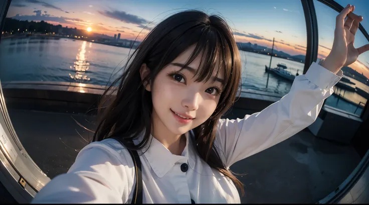 beautiful women、Kawaii Woman、Around 26 years old、detailed face、detailed eyes、detailed skin、detailed hair、super realistic picture quality、Super high quality、8K、shy smile、Tomoyo Harada、smiling、(A slightly longer face)、(white teeth smile), ((Fisheye)), ((Self...