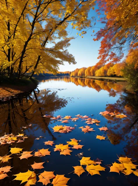 autumn leaves falling，birch branches，partial reflection