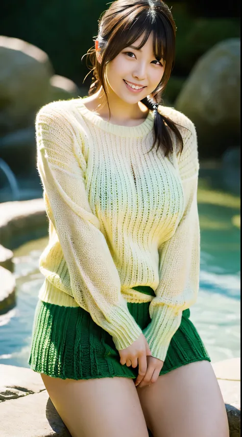 high quality,8K,high resolution,japanese woman,1 personality,A sloppy smile,tall,thick plump thighs,realistic texture,Face in Focus,hot spring,Muchimuchi,ponytail(knitted sweater),,,,,,,,,