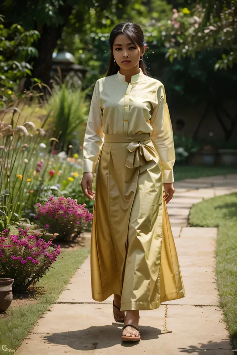 Burmese girl, 23 years wearing burmese cloths, long skirt, walking in a garden, high resolution, 8k 