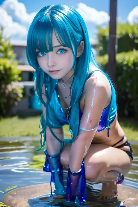 (hight resolution,masutepiece:1.2),Ultra-detailed,(Realistic:1.37), cowboy shot, (squatting), 10years old, Slime Girl, Covered in ,Blue slime, open mouth, (blue skin), (partially transparent), (Wet), (blue sweat), Slimy ,blue liquid dripping from her body....