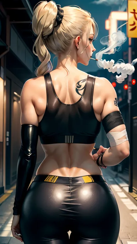 8k, masterpiece, ultra detailed, female yakuza, back view, looking at camera, back dragon tattoo,smoking a cigarette, pony tail, black hair with blonde highlights, sports bra, black leather pants, scars on back, bandages