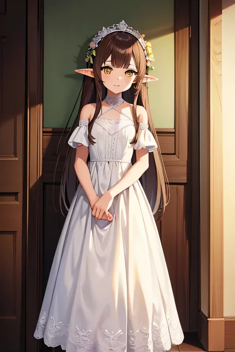 An elf girl with a tiny body and brown hair, yellow eyes, and a flat chest. She is wearing a pure white wedding dress and has an extremly happy expression. The girl is standing in a room and looking directly at the viewer. The image should be of absurd res...