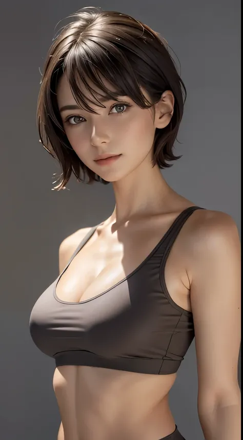 Looking at viewer, cinematic lighting, Perfect fit, soft light, High resolution skin:1.2, realistic skin texture, body tired from sports、30 years old mature woman、small face、no makeup、Makeup is light、short cut hair、dark brown hair、Bust B Cup、small breasts ...