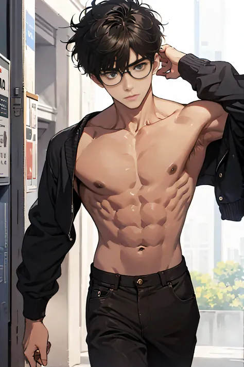 abdominal muscles，16 years old boy，gay，Glasses